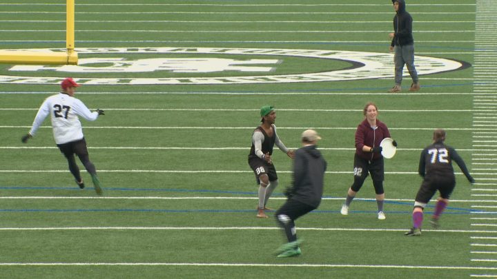 Local ultimate players demonstrate the sport at an event announcing Saskatoon as host of the 2017 Canadian Ultimate Championships Mixed division.