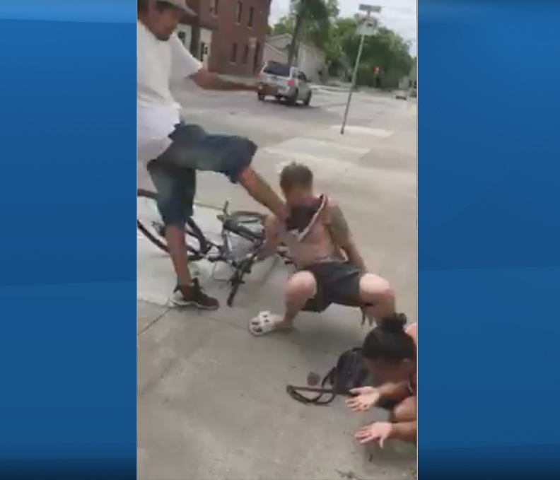 This still taken from a VIDME video online shows what appears to be a violent assault in Winnipeg.