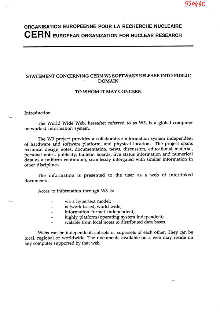 The proposal written by CERN scientist Tim Berners-Lee, marking the advent of the World Wide Web.