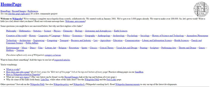 Wikipedia’s home page on March 31, 2001.