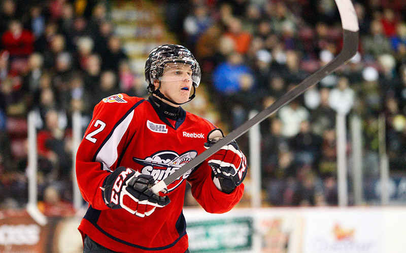 OHL profile on Windsor Spitfires player Ben Johnson seen during a game December 17, 2012 at the Essar Centre in Sault Ste Marie Canada. 