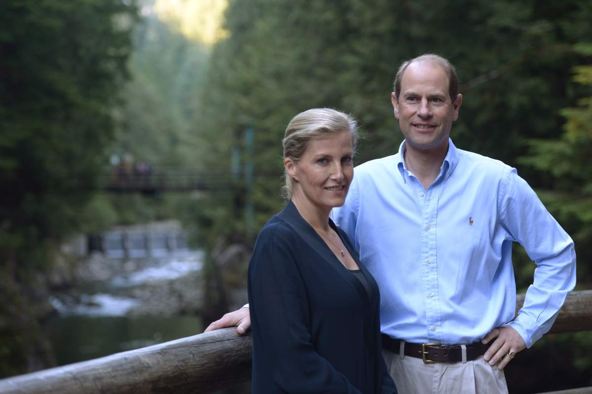 Prince Edward, Earl of Wessex, and his wife Sophie Rhys-Jones, Countess of Wessex, pose for a photo on the TCT Coho River Trail in North Vancouver, B.C., Sunday, Sept. 14, 2014.
