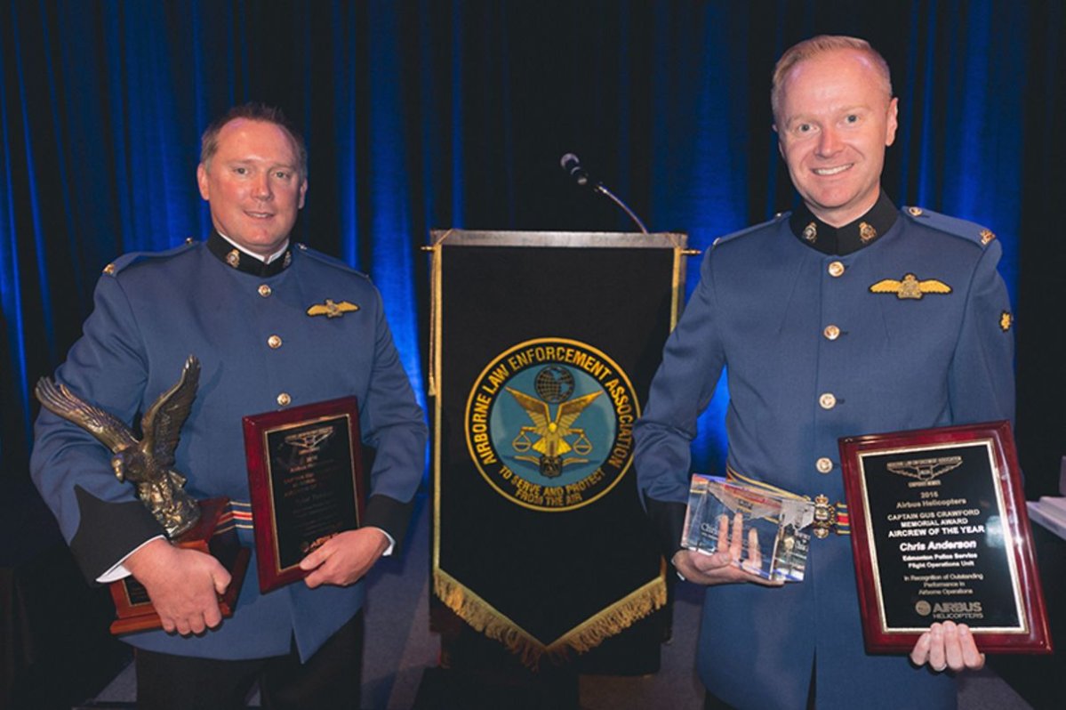 Const. Tyler Tebbutt and Const. Chris Anderson with the ALEA Captain 'Gus' Crawford Memerial Aircrew of the Year Award.