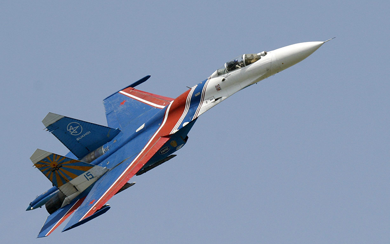 A Sukhoi Su-27 fighter jet of the Russian air force elite aerobatic team Russkiye Vityazi (Russian Knights).