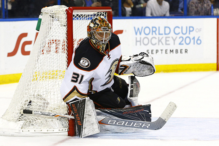 In this March 11, 2016, file photo, Anaheim Ducks goalie Frederik Andersen, of Denmark, defends the net during an NHL hockey game against the St. Louis Blues, in St. Louis.