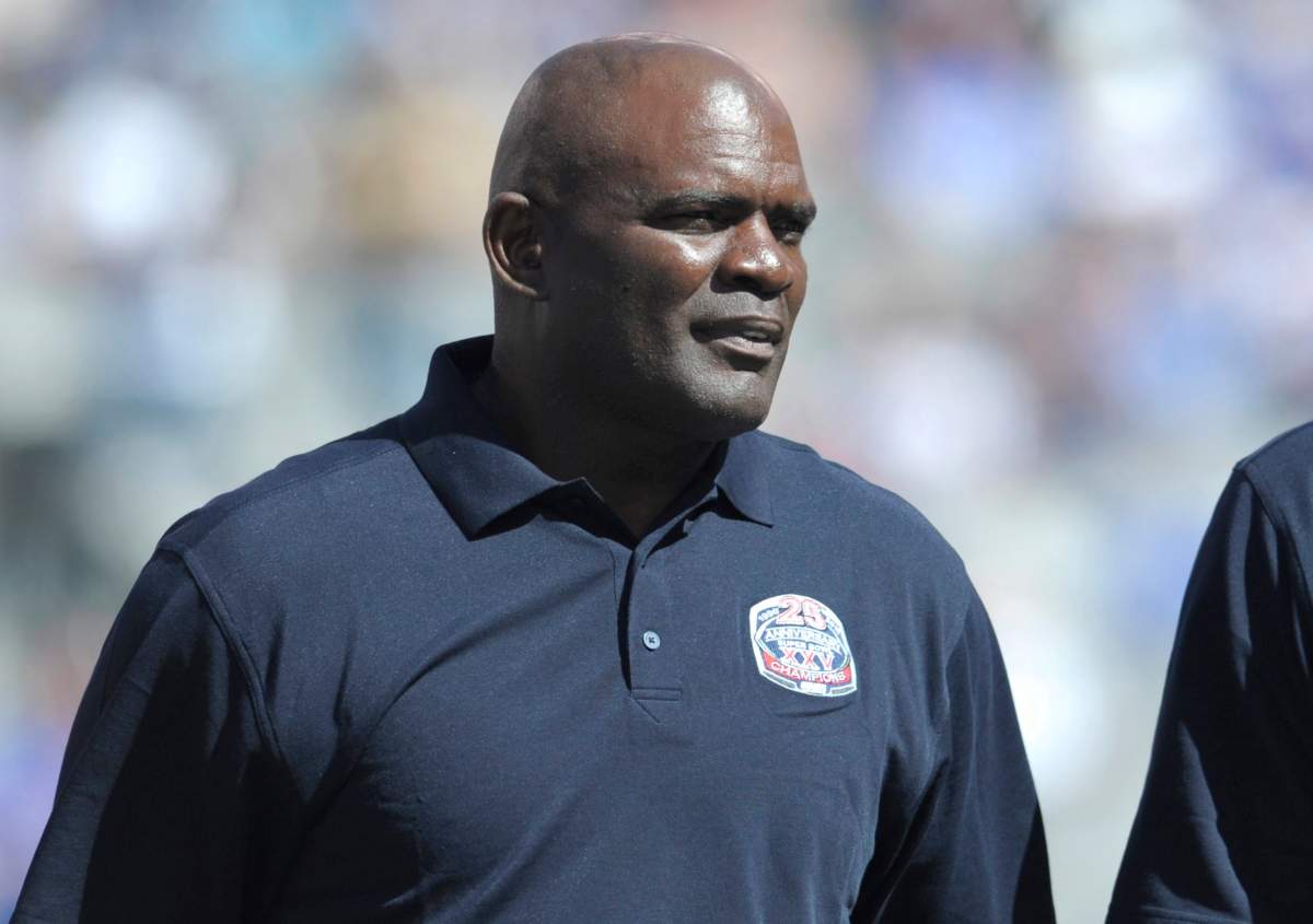 In this Sept. 20, 2015, photo, former New York Giants' Lawrence Taylor looks on during a 25 year anniversary celebration at halftime of an NFL football game against the Atlanta Falcons in East Rutherford, N.J.