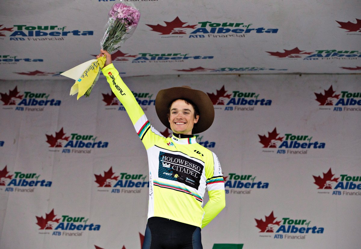 Robin Carpenter celebrates his overall win of the Tour of Alberta in Edmonton on Monday, September 5, 2016. 