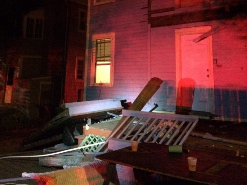 This photo provided by the Hartford Police Department shows a collapsed deck at a house near Trinity College in Hartford, Conn., Saturday, Sept. 10, 2016. Deputy Chief Brian Foley of the Hartford police posted on his Twitter feed that a third-floor deck of a house about two-tenths of a mile from the Trinity campus collapsed onto a second-floor deck, which subsequently fell onto a first-floor deck. Foley says the injured have been sent to area hospitals.