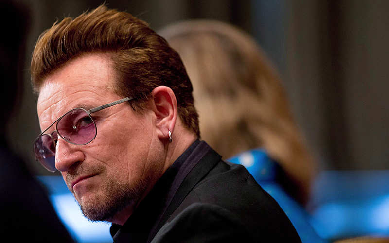 Irish rock star and activist Bono appears on Capitol Hill in Washington, Tuesday, April 12, 2016, before the Senate State, Foreign Operations, and Related Programs subcommittee hearing on the causes and consequences of violent extremists, and the role of foreign assistance. 