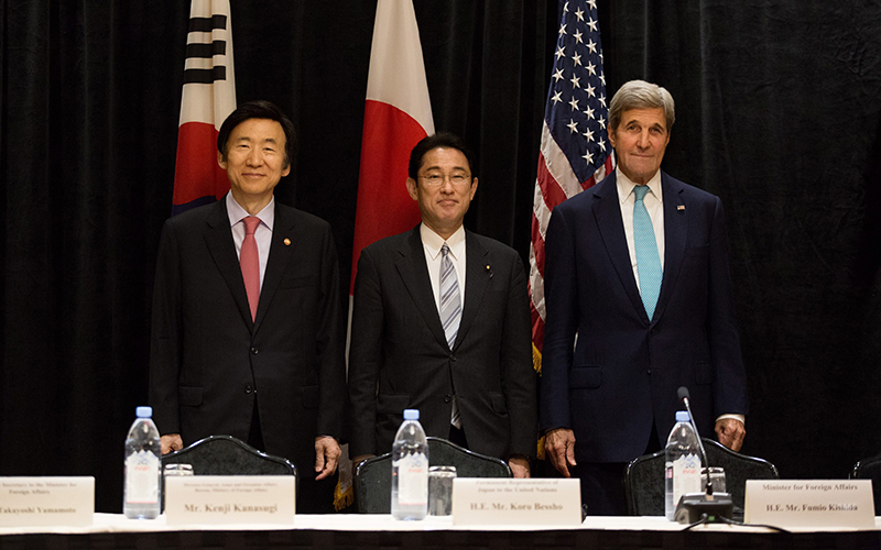 Minister of Foreign Affairs Yun Byung-se of South Korea, left, Minister of Foreign Affairs Fumio Kishida of Japan, and U.S. Secretary of State John Kerry stand for a photo during a meeting between the three leaders Sunday, Sept. 18, 2016, in New York.