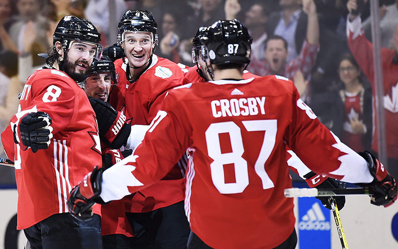 Team Canada's Brad Marchand, centre left, celebrates his goal against Team Russia with teammates Drew Doughty, Jay Bouwmeester and Sidney Crosby during third period World Cup of Hockey semifinal action in Toronto on Saturday, September 24, 2016. 