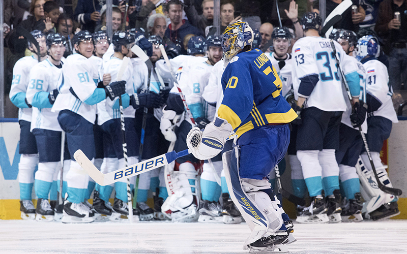 Team Sweden goaltender Henrik Lundqvist skates off the ice after losing in overtime to Team Europe in semifinal World Cup of Hockey action in Toronto on Sunday, September 25, 2016. 