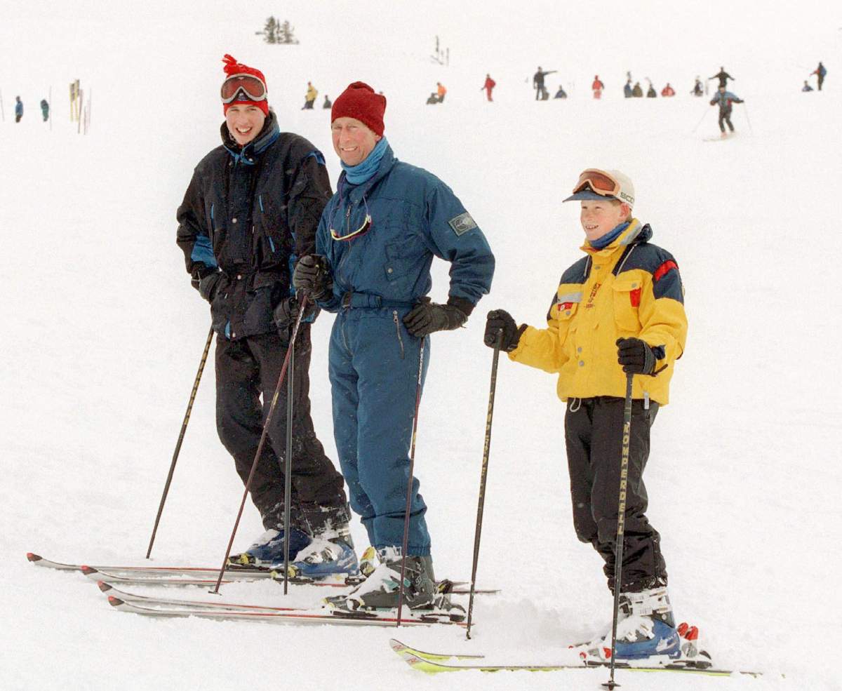 Prince William (Left), Prince Charles (Centre) and Prince Harry (Right) are all smiles as they pause for a photo-op on the slopes of Whistler Mountain, B.C. in 1998.