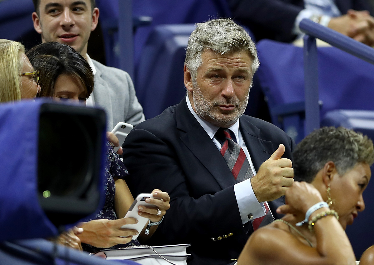 Alec Baldwin watches the first round Men's Singles match between Novak Djokovic of Serbia & Montenegro and Jerzy Janowicz of Poland on Day One of the 2016 US Open at the USTA Billie Jean King National Tennis Center on August 29, 2016 in the Flushing neighborhood of the Queens borough of New York City.