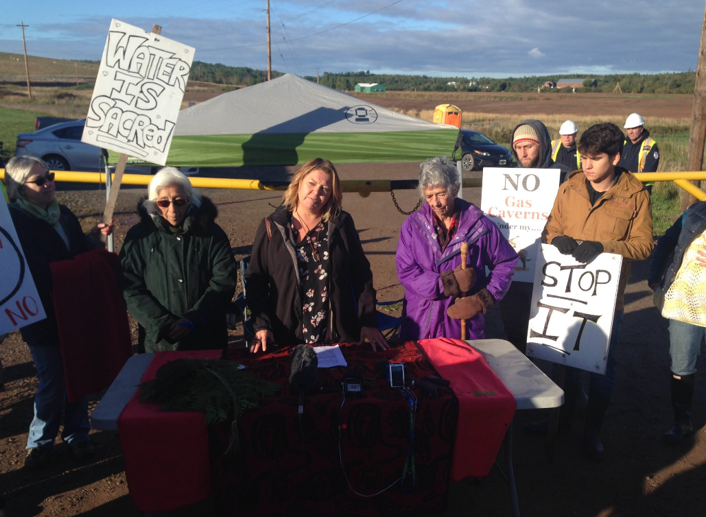 Protesters block off the entrance to the Alton Gas natural gas site in Fort Ellis, Nova Scotia on Monday, Sept. 26, 2016. 