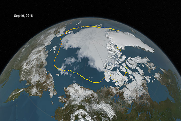The 2016 Arctic sea ice summertime minimum, reached on Sept. 10, is 911,000 square miles below the 1981-2010 average minimum sea ice extent, shown here as a gold line.