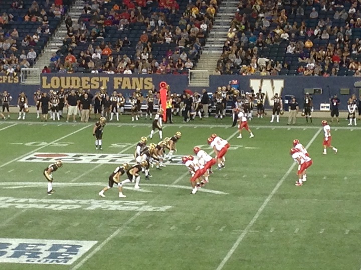The Manitoba Bisons line up before a play during their 2016 season opener against the Calgary Dinos at Investors Group Field.