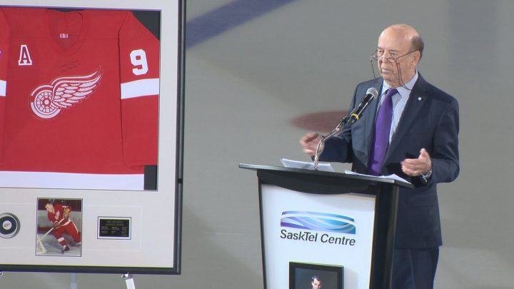 Legendary hockey broadcaster Bob Cole MCing the Thank You Mr. Hockey Day ceremony in honour of the late Gordie Howe.