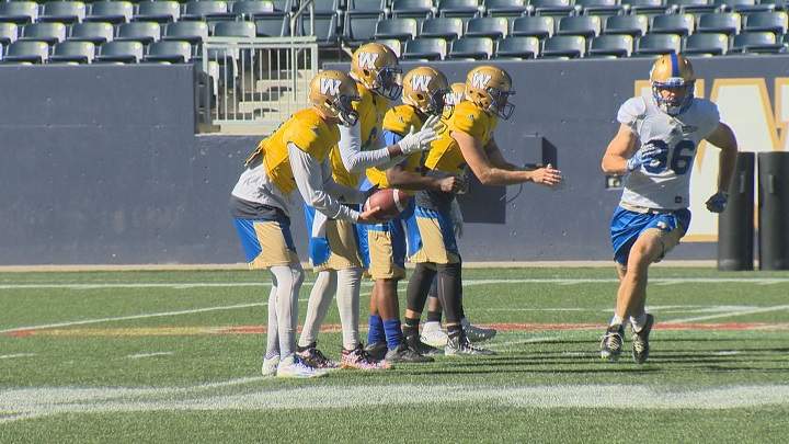 The Winnipeg Blue Bombers practice at Investors Group Field on Tuesday.