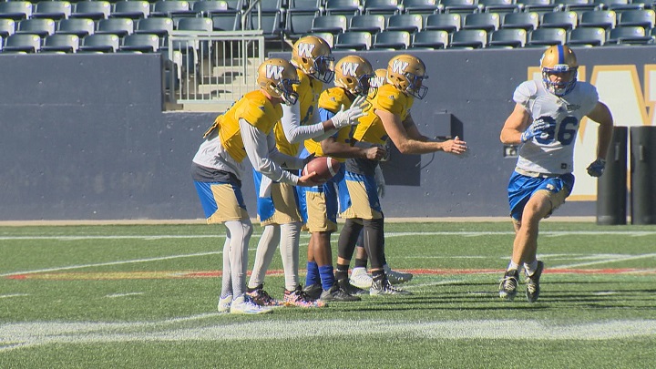 The Winnipeg Blue Bombers practice at Investors Group Field on Tuesday.