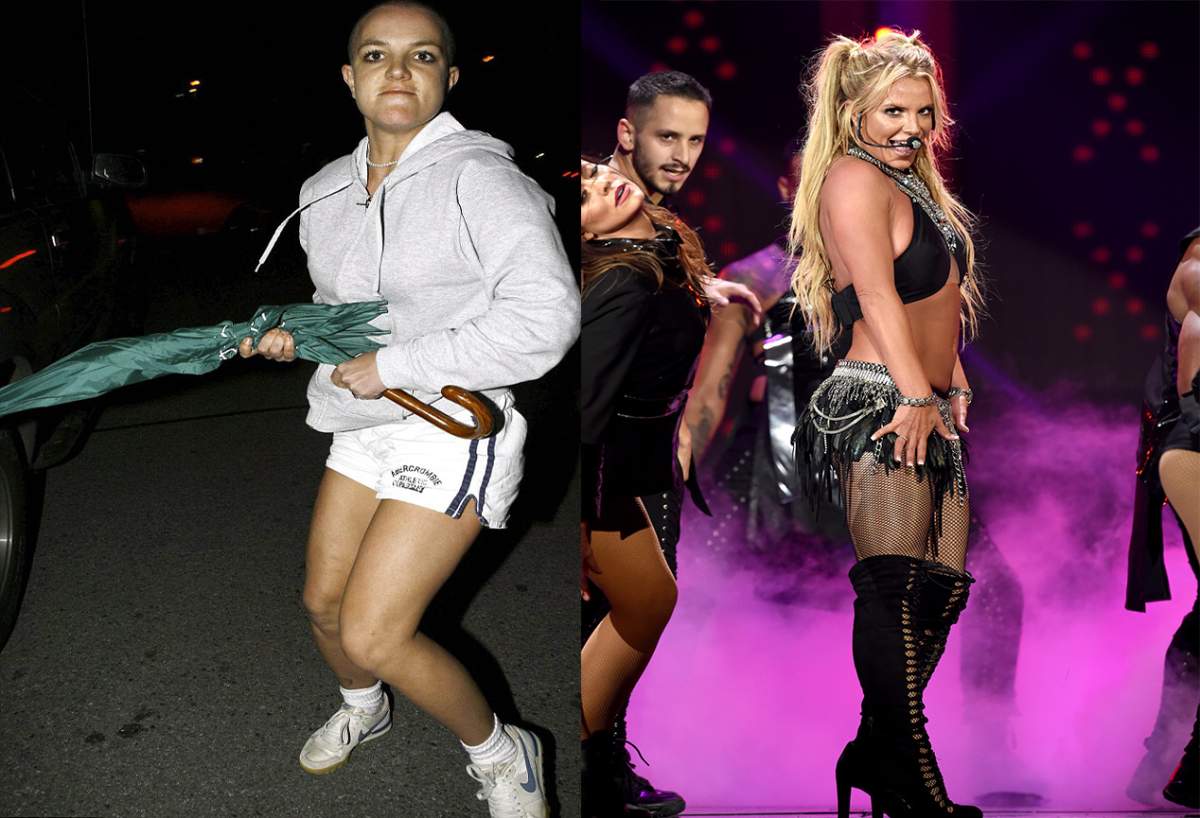 (L-R): Britney Spears attacked a photographer’s car with an umbrella in 2007. Britney Spears performs onstage at the 2016 iHeartRadio Music Festival.