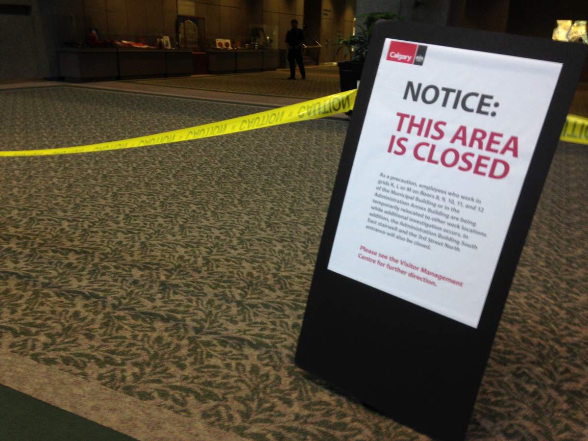 Structural element which appears to not meet building safety codes causes the  temporary closure of the northeast corner of the Calgary Municipal Building.