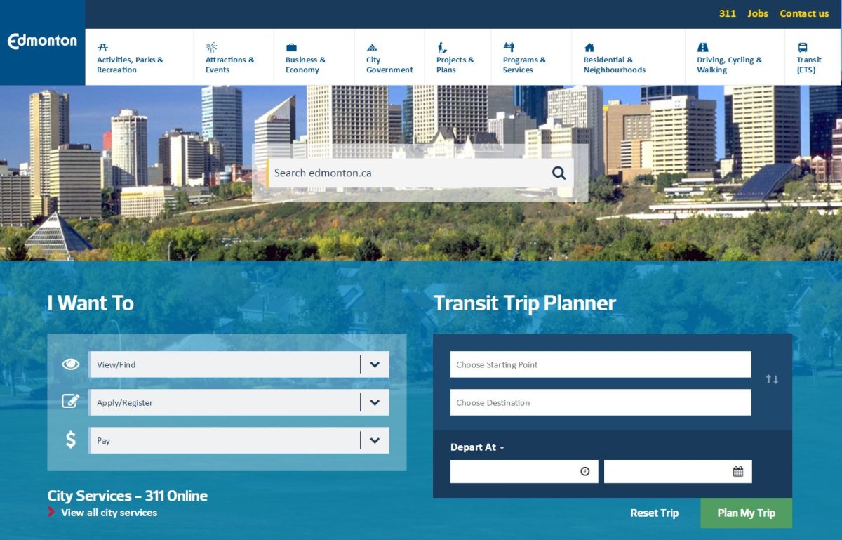 The City of Edmonton has redesigned its website to have a responsive design, which will resize to fit any size screen. This is what it looks like on desktop. 
