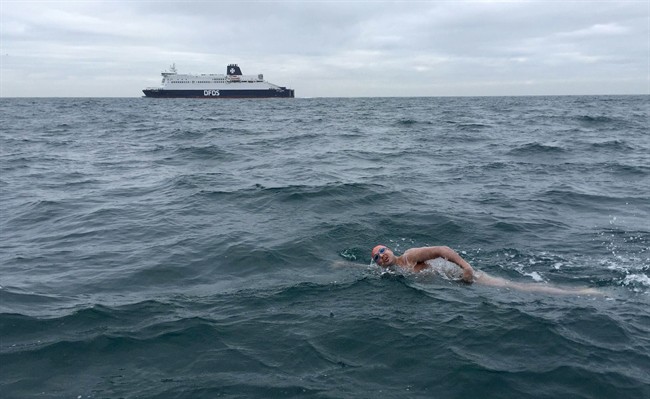 Samuel Bail, 30, of Toronto, is seen in the process of swimming the roughly 32-kilometre stretch between England and France along the Channel in a Tuesday, September 5, 2016, file photo. 