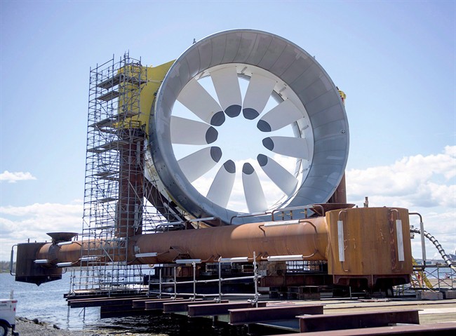 A turbine for the Cape Sharp Tidal project is seen at the Pictou Shipyard in Pictou, N.S., on May 19, 2016. THE CANADIAN PRESS/Andrew Vaughan.