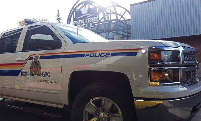 An RCMP truck is parked outside of the Prairie Mall in Grande Prairie, Alta. 