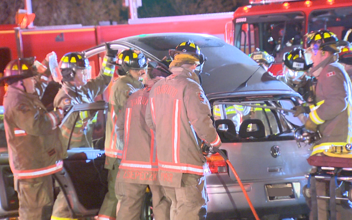 Fire crews had to cut through a woman's car to free her after a crash in Toronto's west end on Friday, Sept. 30, 2016.
