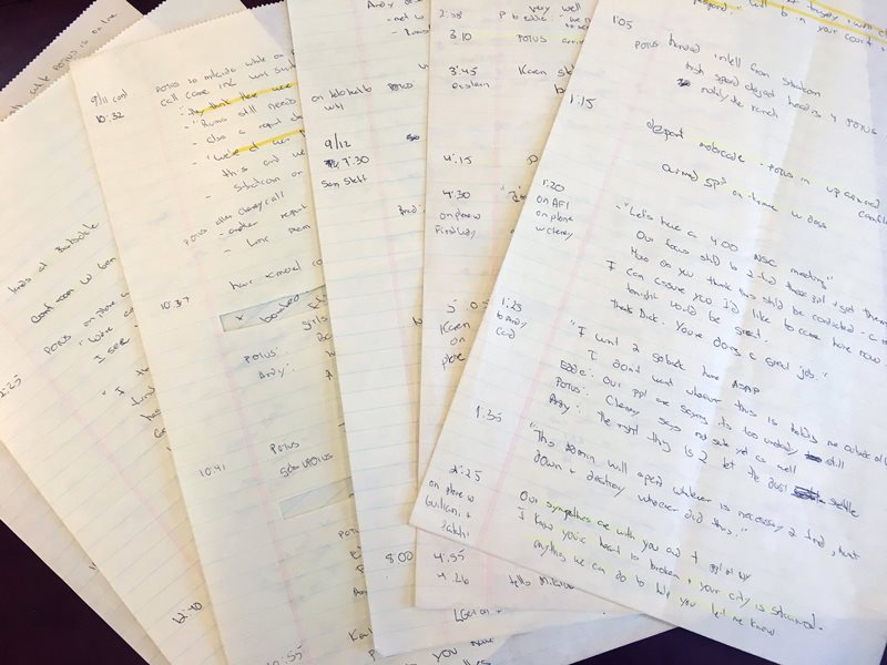 Ari Fleischer’s 9/11 notes are shown during an interview with Reuters in his office in Bedford, New York, U.S. September 7, 2016.