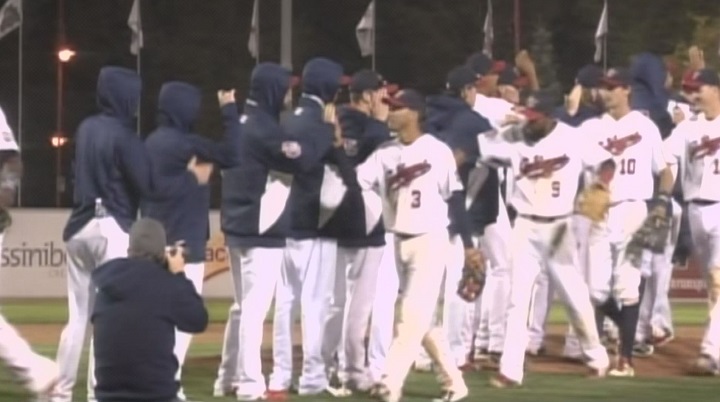 The Winnipeg Goldeyes celebrate a game one victory over the Wichita Wingnuts in the American Association championship series.