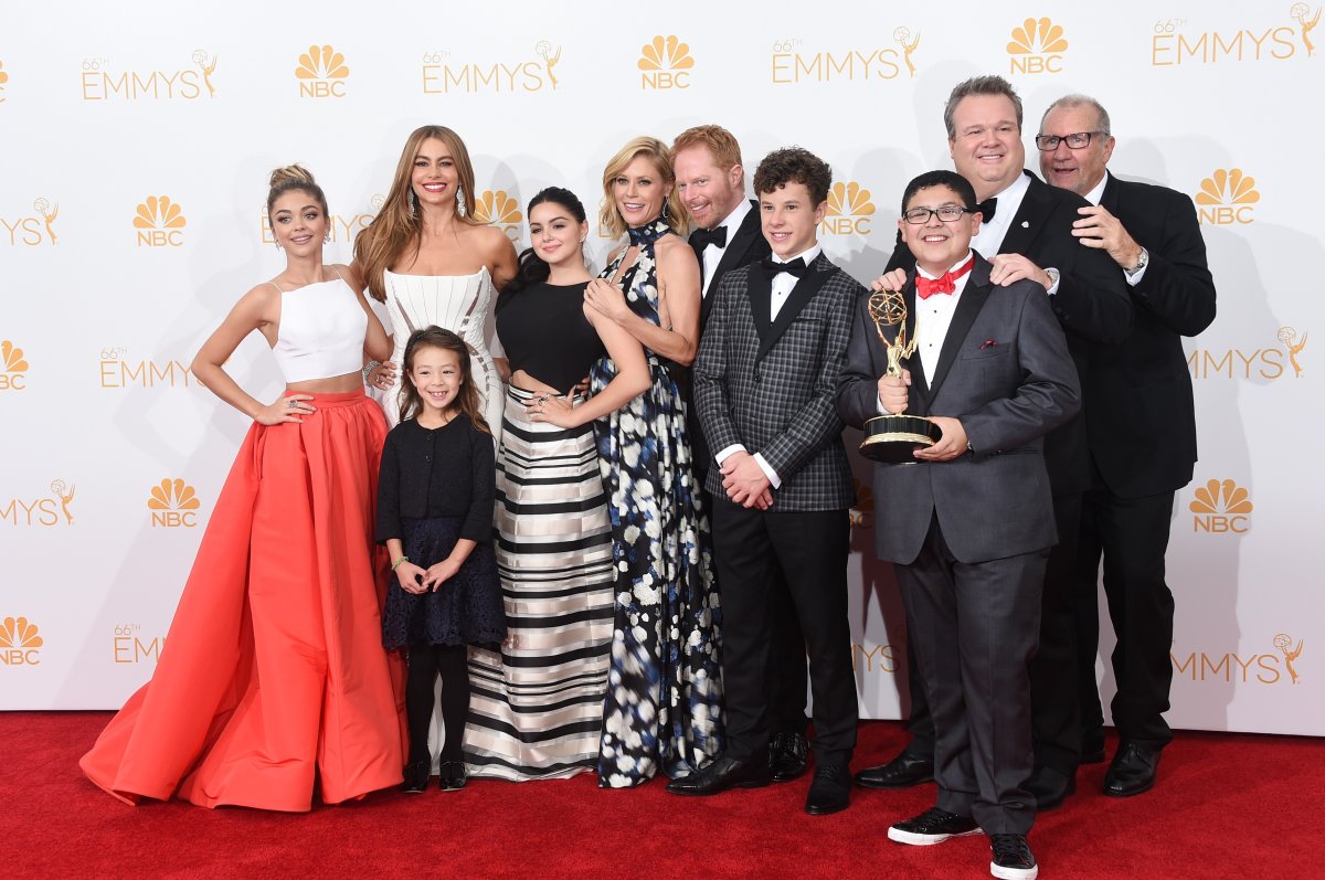 The 'Modern Family' cast pose in the press room during the 66th Emmy Awards on August 25, 2014 in Los Angeles, California.