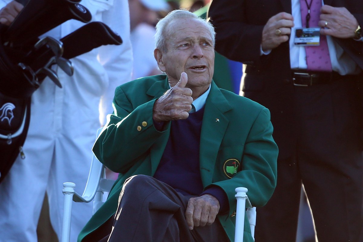 Honorary starter Arnold Palmer attends the ceremonial tee off to start the first round of the 2016 Masters Tournament at Augusta National Golf Club on April 7, 2016 in Augusta, Georgia.