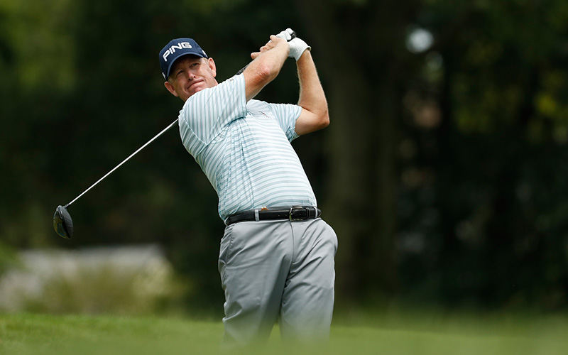 Jeff Maggert watches his drive on the fifth hole during the final round of the 2016 US Senior Open at Scioto Country Club on August 15, 2016 in Columbus, Ohio.