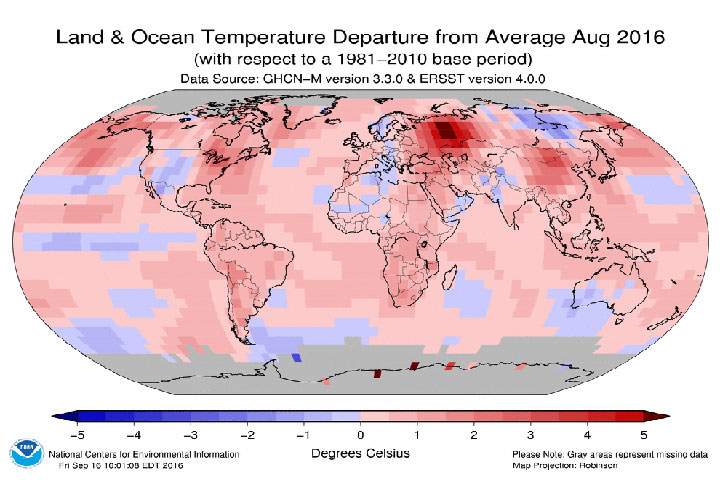 August 2016 Blended Land and Sea SurfaceTemperature Anomalies in degrees Celsius.