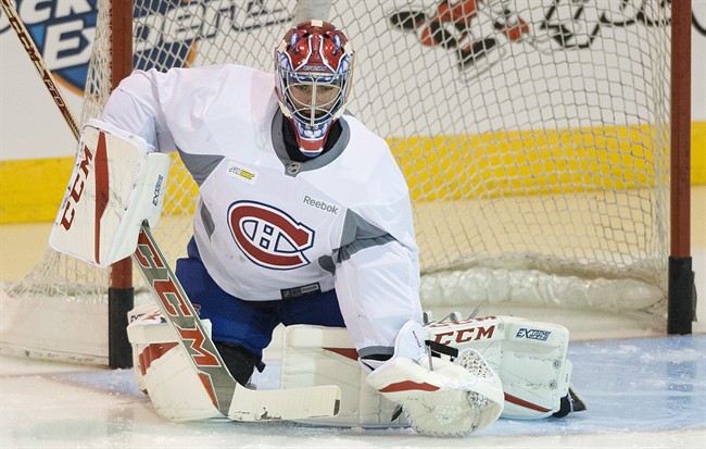 Montreal Canadiens goaltender Al Montoya keeps an eye on the play during training camp in Brossard, Que., Friday, September 23, 2016.