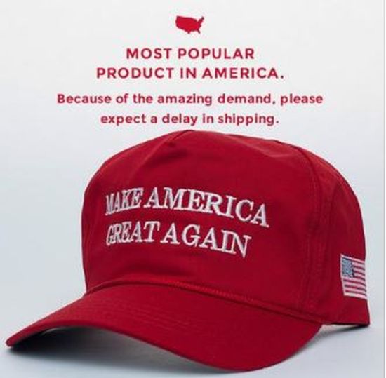 A hat showing the message, "Make America Great Again" for sale on a Donald Trump merchandise site. 