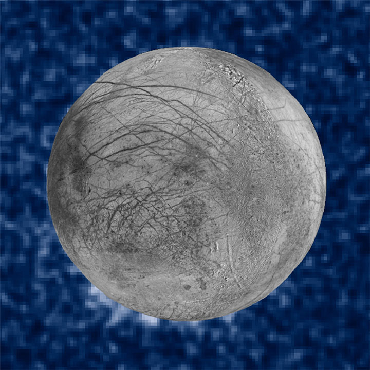 This composite image shows suspected plumes of water vapor erupting at the 7 o’clock position off the limb of Jupiter’s moon Europa. 