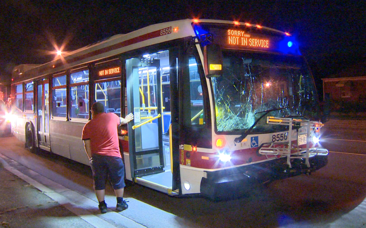 Front-end damage to a TTC bus following a collision in west-end Toronto on Sept. 19, 2016.