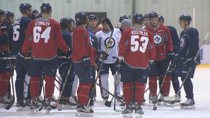 Winnipeg Jets prospects listen to instructions on the opening day of rookie camp at MTS Iceplex. 