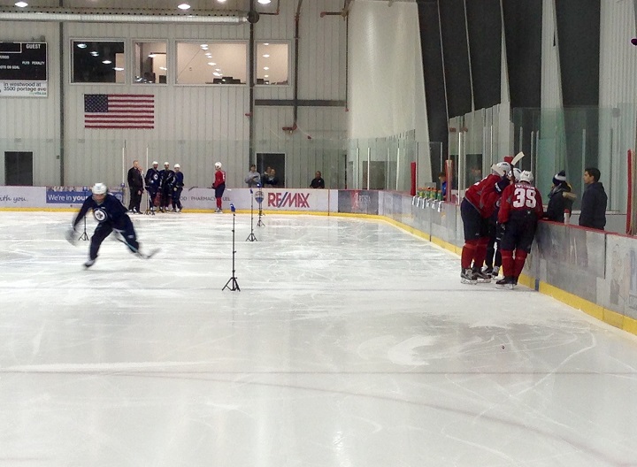 Players are put through a speed test on the opening day of Winnipeg Jets training camp.