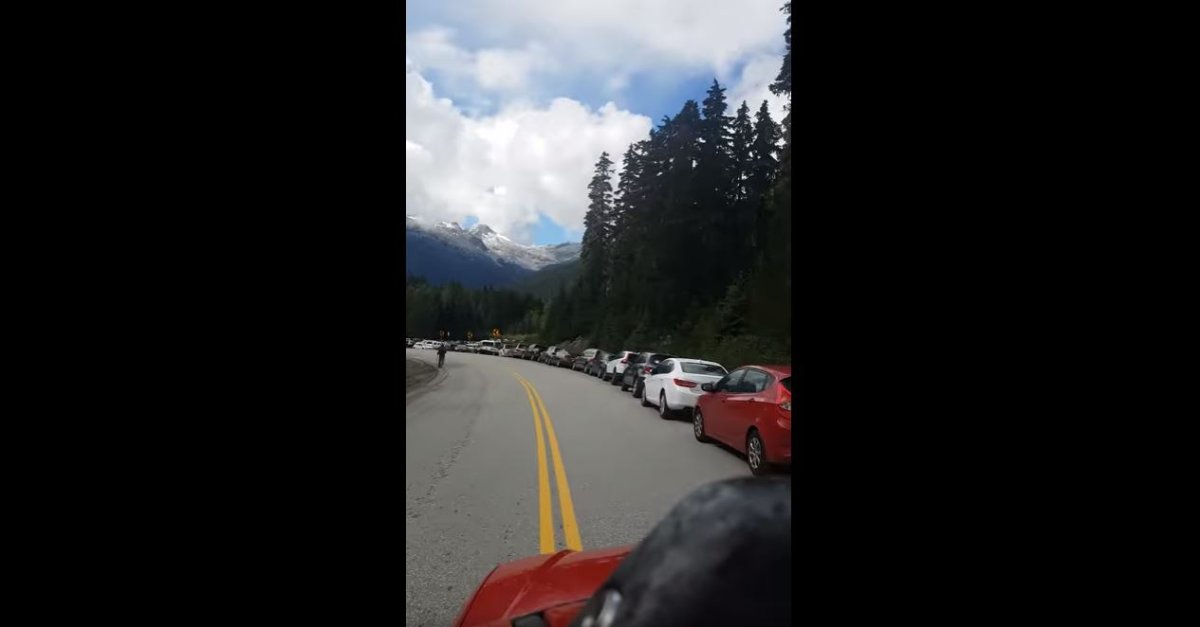 This YouTube user recorded hundreds of cars lined up along the side of the road outside Joffre Lakes Provincial Park.