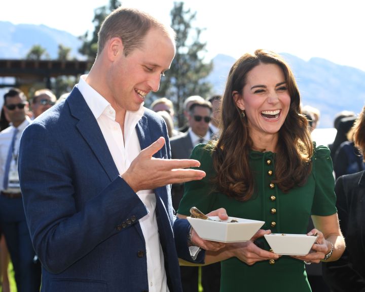 Prince William and Catherine Duchess of Cambridge laugh as they snack at Mission Hill Winery in B.C. Sept. 27, 2016.