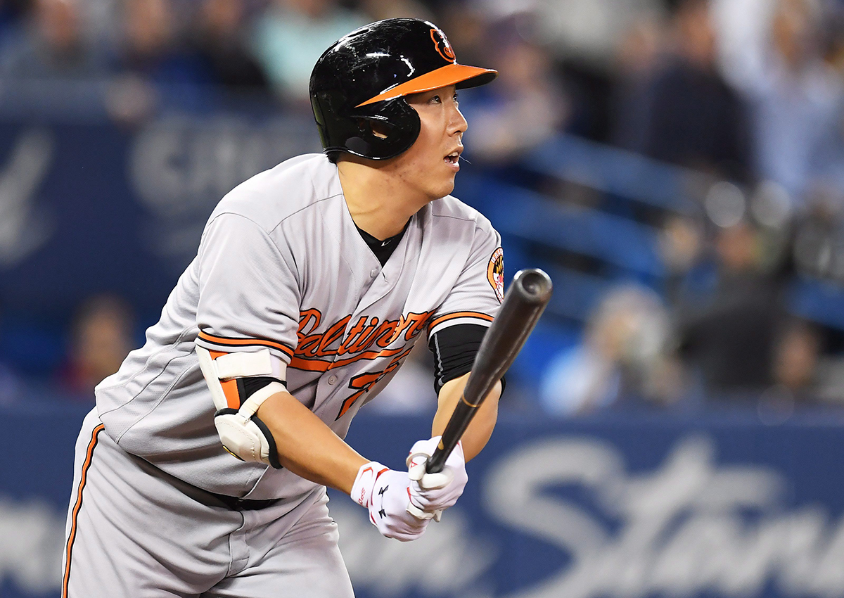 Baltimore Orioles' Hyun Soo Kim hits a two-run home run against the Toronto Blue Jays during ninth inning American League baseball action in Toronto on Wednesday, Sept.28, 2016.