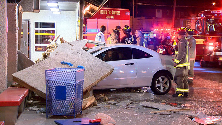 A car crashed into a passenger waiting area at the TTC's Long Branch loop in Etobicoke early Saturday morning.