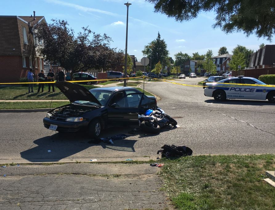 Peel Paramedics took one man to hospital after a car and a motorcycle collided in Brampton Monday afternoon.