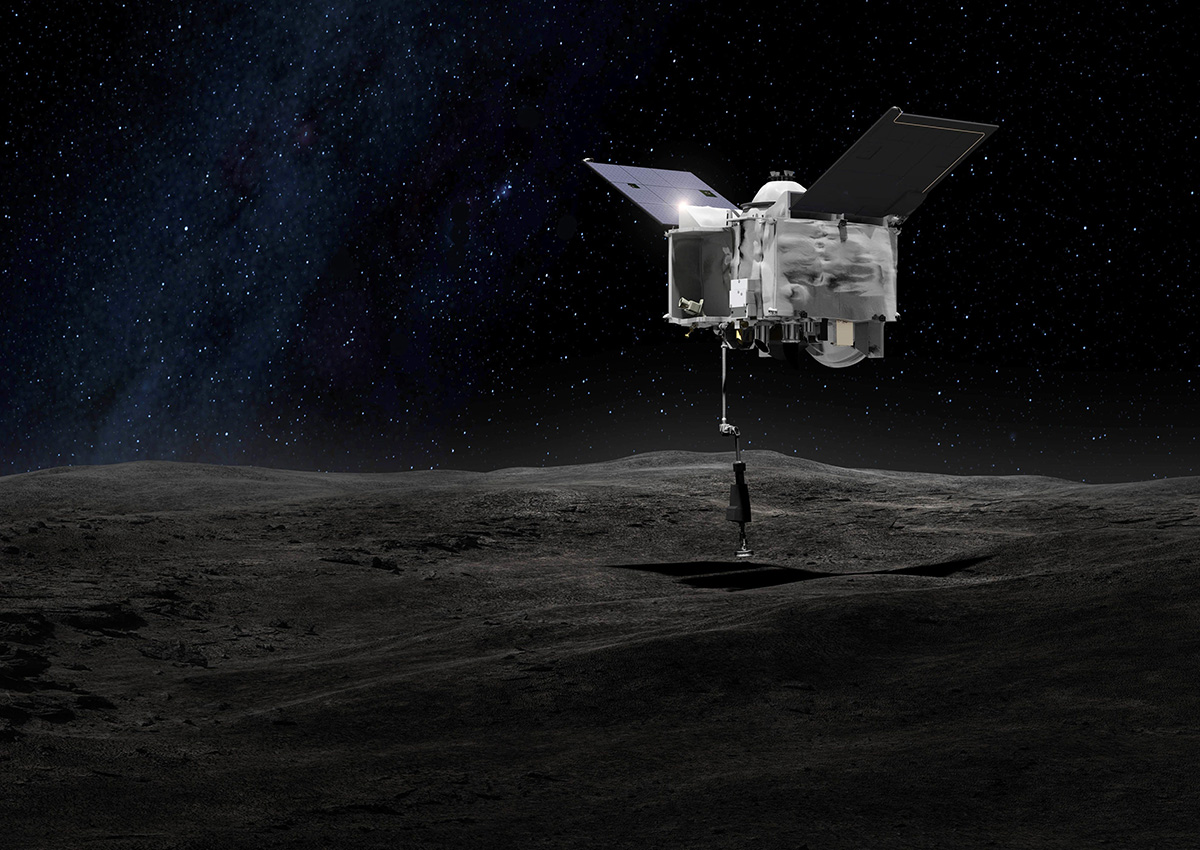 This artist's rendering made available by NASA on Tuesday, Sept. 6, 2016 shows the Origins Spectral Interpretation Resource Identification Security - Regolith Explorer (OSIRIS-REx) spacecraft contacting the asteroid Bennu with the Touch-And-Go Sample Arm Mechanism.