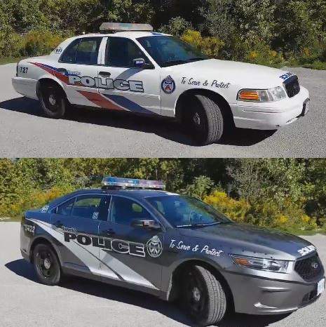 A side view of the old (top) and new (bottom) Toronto police cruisers.